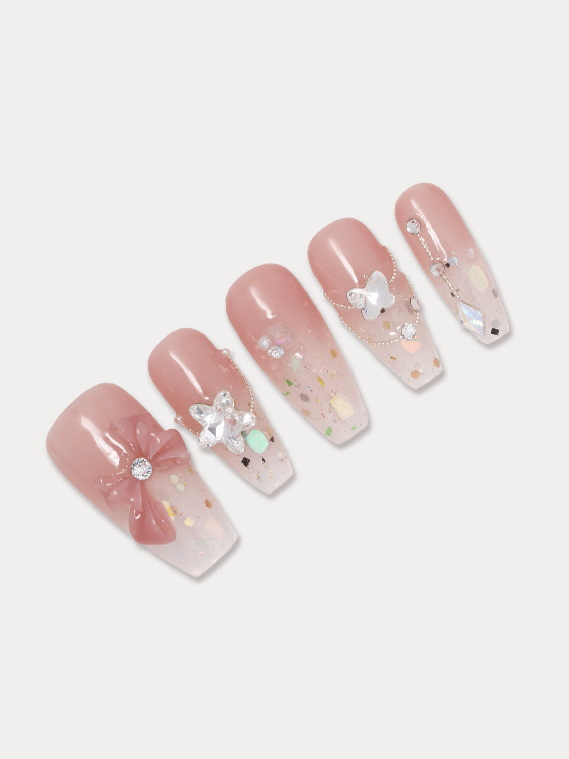 MIEAP summer candy press on nail for a burst of sweet, colorful vibes! This set features a peachy pink to transparent ombre with holographic glitter and handcrafted Swarovski rhinestones. Perfect for your sunny days. #MIEAPnails #pressonnail #acrylicnail #nails #nailart #naildesign #nailinspo #handmadenail #summernail #nail2023 #graduationnail #swarovskinail  #datingnail #promnail