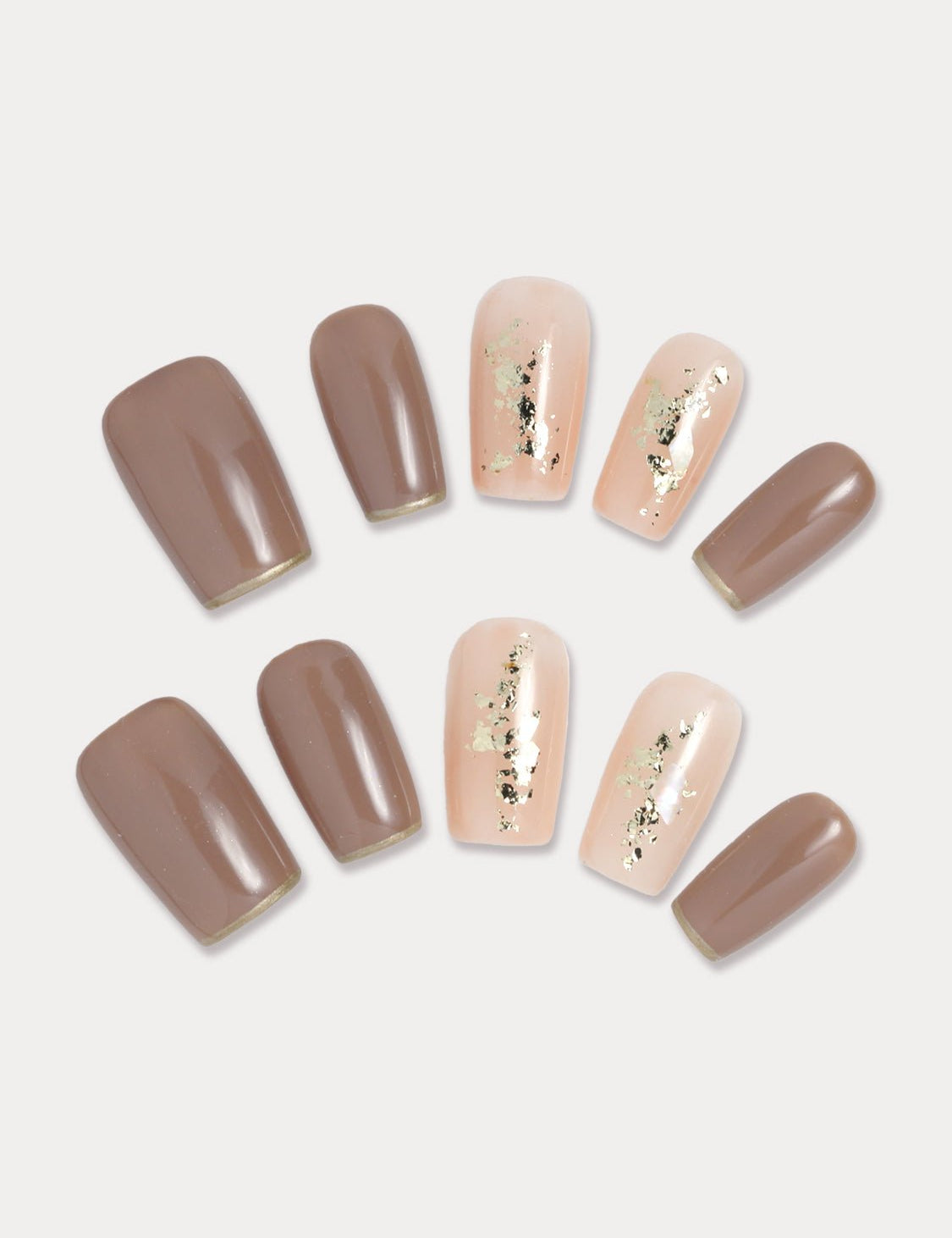MIEAP Brown Gold Foil press on nail set provides a simple, office-ready look, featuring a square shape design with brown and gold lines for subtle styling. It includes 4 stunning acrylic nails adorned with gold foil and delicate shell details, adding a touch of elegance to your fingertips. #MIEAP #MIEAPnails #pressonnail #falsenail #acrylicnail #nails #nailart #naildesign #nailinspo #handmadenail #autumnnail #nail2023 #graduationnail #classicnail #squarenail #shortnail #brownnail