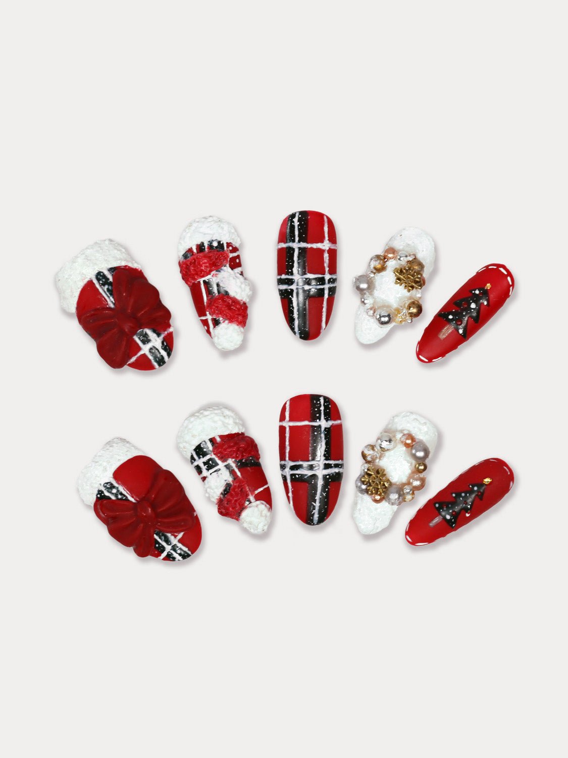 MIEAP Christmas Gift press on nail set is a festive holiday-themed design, features the classic Christmas colors of red and green, and showcases snow-covered rooftops, Christmas trees adorned with gifts and colorful lights, Christmas wreaths with a delicate layer of snow on top. #MIEAP #MIEAPnails #pressonnail #falsenail #acrylicnail #nails #nailart #naildesign #nailinspo #handmadenail #nail2023 #shortnail #rednail #christmasnail