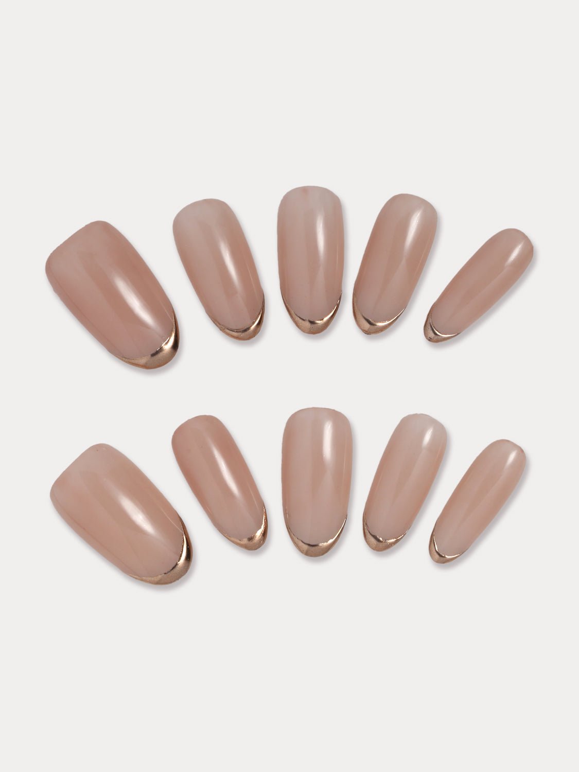 MIEAP Chrome Powder French Tip press on nail set features a metallic French tip created with gold chrome powder, adding a touch of sophistication to your nails. The combination of the chrome powder and nude nail gel creates a unique and stylish design. The oval nail shape help elongate the fingers, enhancing their overall appearance. #MIEAP #MIEAPnails #pressonnail #falsenail #acrylicnail #nails #nailart #naildesign #nailinspo #handmadenail #summernail #nail2023 #graduationnail #classicnail