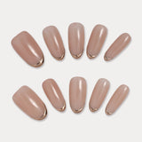 MIEAP Chrome Powder French Tip press on nail set features a metallic French tip created with gold chrome powder, adding a touch of sophistication to your nails. The combination of the chrome powder and nude nail gel creates a unique and stylish design. The oval nail shape help elongate the fingers, enhancing their overall appearance. #MIEAP #MIEAPnails #pressonnail #falsenail #acrylicnail #nails #nailart #naildesign #nailinspo #handmadenail #summernail #nail2023 #graduationnail #classicnail