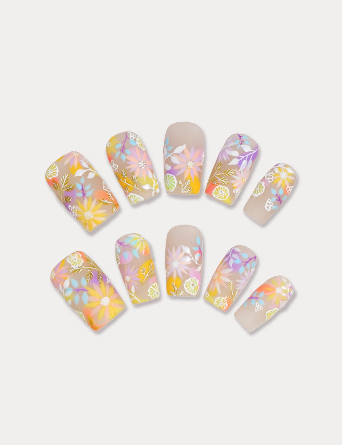 MIEAP Colorful Flower press on nail set captures the essence of blooming flowers in vibrant hues. The bold and vivid colors go beyond the delicate sprouts of spring, exuding the energetic and passionate ambiance of summer. #MIEAP #MIEAPnails #pressonnail #falsenail #acrylicnail #nails #nailart #naildesign #nailinspo #handmadenail #summernail #nail2023 #graduationnail #luxurynail #shortnail #squarenail #colorfulnail #floralnail #datingnail #promnail