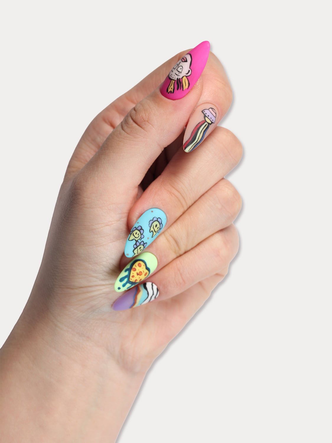 MIEAP Colorful Graffiti press-on nail set showcases a vibrant array of bright fluorescent colors formulated by our designers. The hand-painted patterns draw inspiration from street art graffiti, perfectly complementing the vibrant base colors. #MIEAP #MIEAPnails #pressonnail #falsenail #acrylicnail #nails #nailart #naildesign #nailinspo #handmadenail #summernail #nail2023 #graduationnail #almondnail #colorfulnail  #datingnail #promnail