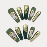 MIEAP Crane press on nail set is a Chinese-inspired design. It showcases a traditional Chinese green color, golden auspicious cloud patter and hand-painted Chinese classical crane design. #MIEAP #MIEAPnails #pressonnail #falsenail #acrylicnail #nails #nailart #naildesign #nailinspo #handmadenail #nail2023 #chinesestylenail #longnail #coffinnail #goldnail