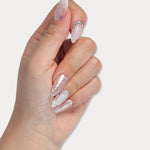 MIEAP Glitter Ombre Rhinestone press on nail set offers three different nail designs. Double ombre effect with milky white and light pink glitter, pure pink glitter gel and rows of rhinestones and small steel balls on a pearl white base. #MIEAP #MIEAPnails #pressonnail #falsenail #acrylicnail #nails #nailart #naildesign #nailinspo #handmadenail #summernail #nail2023 #graduationnail #luxurynail #almondnail #whitenail #rhinestonenail #swarovskinail #datingnail #promnail #weddingnail