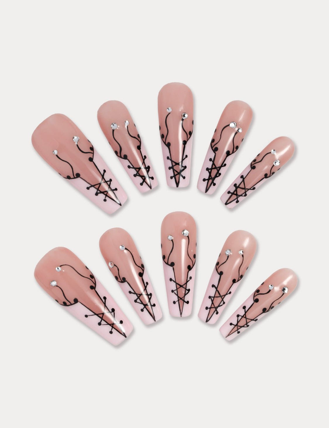 The Lace-Up press on nail design takes inspiration from vintage corset lacing, meticulously handcrafted for a unique look. The combination of pink and black adds a playful and cute touch with a hint of allure. #MIEAP #MIEAPnails #pressonnail #falsenail #acrylicnail #nails #nailart #naildesign #nailinspo #handmadenail #summernail #nail2023 #graduationnail #longnail #coffinnail